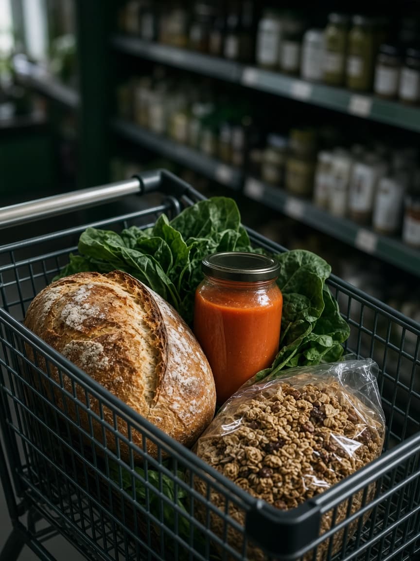 A grocery cart in a store aisle, waiting on a decision